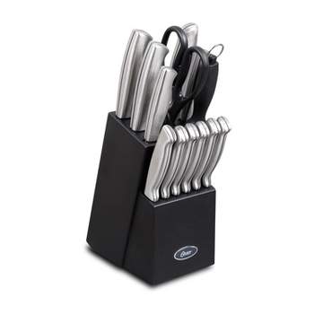 Oster Baldwyn 14 Piece Stainless Steel Cutting Kitchen Knife Cutlery Set with Swivel Block Holder and Knife Sharpener, Brushed Satin
