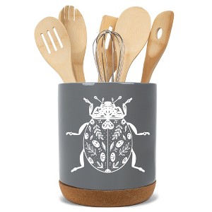 Elanze Designs 8 inch Floral Beetle Large Ceramic Kitchen Utensil Holder Gray and White Crock with Cork Base - 1 of 4