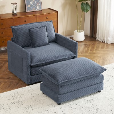 Whisen 41" Modern Design Single Deep Seat Sofa Corduroy Upholstered Armchair 1 Seater Reading Chair With Ottoman