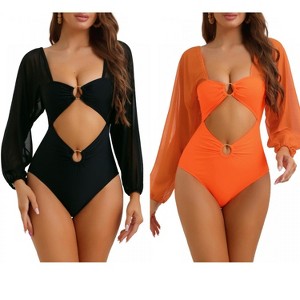 INSPIRE CHIC Women's Cut Out Ring Plunge Neck Shirred Long Sleeves Mesh Tummy Control Monokini Swimsuit 2 Sets - 1 of 4