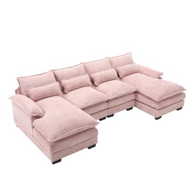 NicBex Modern Chenille U-shaped Sectional Sofa with 4 Waist Pillows and Double Chaise for Living Room,Apartment,Office,Pink