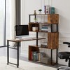 L Shaped Computer Table, Rotatable Home Office Desk With 5 Tier Bookshelf, Lockable Casters Study Table, Writing Table Workstation for Office Brown - 2 of 4