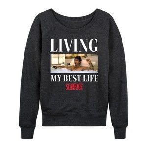 Women's - Scarface - Living My Best Life Lightweight French Terry Wide Neck Long Sleeve Shirt - 1 of 4