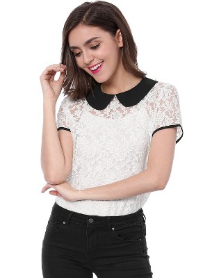 Allegra K Women's Contrast Peter Pan Collar Blouse Short Sleeve Sheer Lace  Top White XS