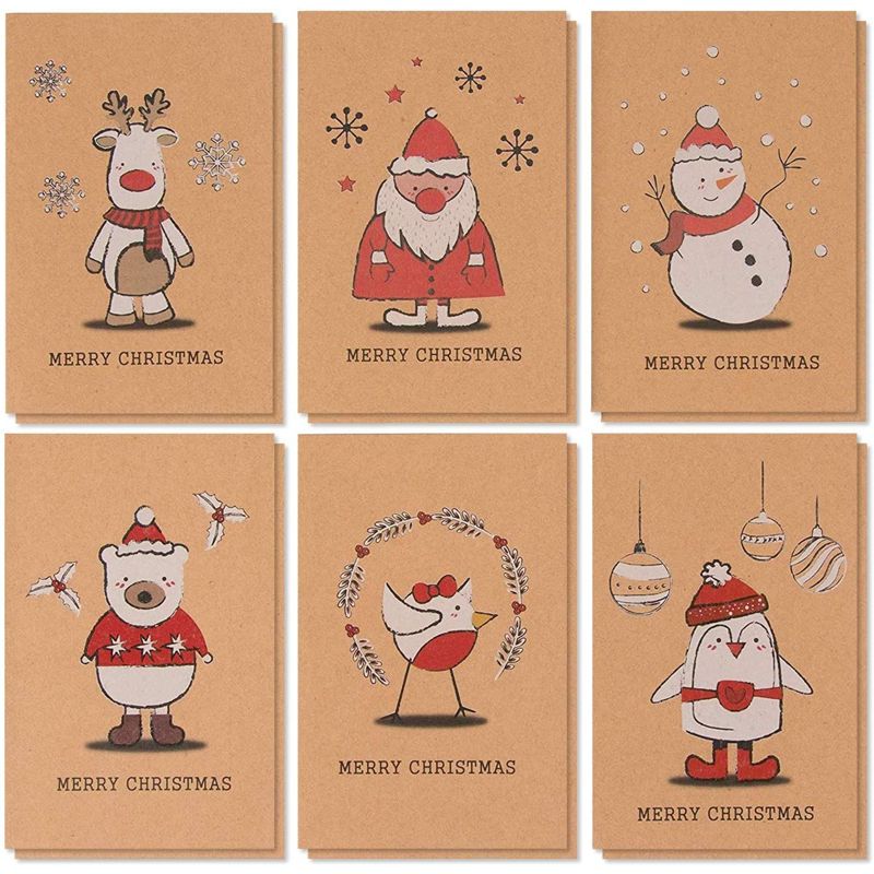 Best Paper Greetings 36 Pack Kraft Merry Christmas Greeting Cards with Envelopes, 6 Holiday Yuletide Character Designs, 4 x 6 In, 1 of 7