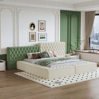Super King Bed Base With Storage,Deluxe Wood Platform Bed Frame With Headboard,Upholstered Bed With Deep Button Tufting,No Box Spring Need-Cuddlewood