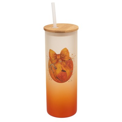 Elanze Designs 25 Ounce Frosted Glass Gradient Travel Tumbler With Straw and Wooden Lid, Basketball With Orange Bow Orange