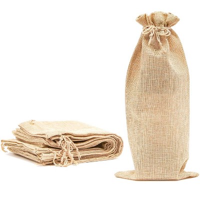 Juvale 12-Pack Burlap Wine Bottle Gift Bags with Drawstring for Anniversary Wedding Birthday, Beige 6x14 in