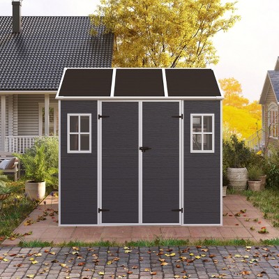 Dark Gray Resin Backyard Storage Shed with Window, Outdoor Plastic Garden Tool Shed, Weatherproof Roof Storage Shed with Large Space-Coolbibila