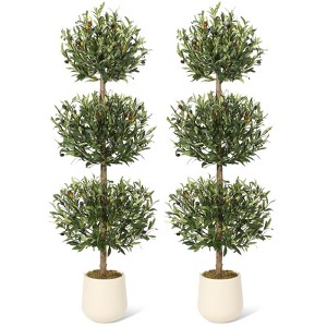 5FT Artificial Olive Triple Ball Topiary Trees with Moss & Inner Pot - 1 of 4
