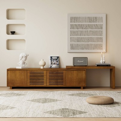 VYNXARIA 63" Mid-Century Modern Extendable TV Stand for TVs up to 75", Farmhouse Entertainment Cabinet with Storage & Adjustable Panel