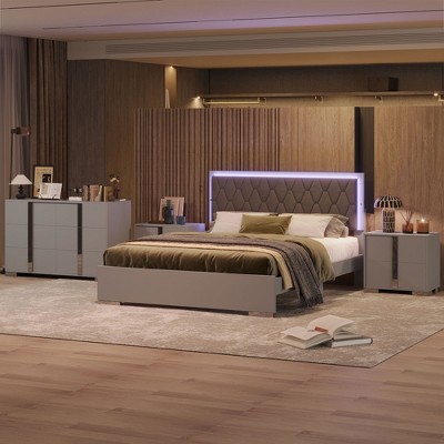 NicBex Queen Modern Upholstered Bed Frame with Velvet Headboard,Platform Bed Frame with LED Light,Solid Wood Slats Support,Easy Assembly,White/Gray
