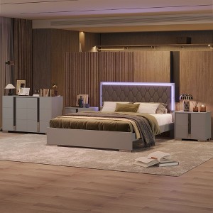 NicBex Queen Modern Upholstered Bed Frame with Velvet Headboard,Platform Bed Frame with LED Light,Solid Wood Slats Support,Easy Assembly,White/Gray - 1 of 4