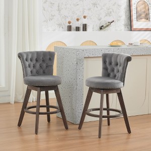 ORRD 26" Counter Height Bar Stools (2-Pack) - 360° Swivel, Velvet Upholstered, Wood Legs (Gray) - 1 of 4