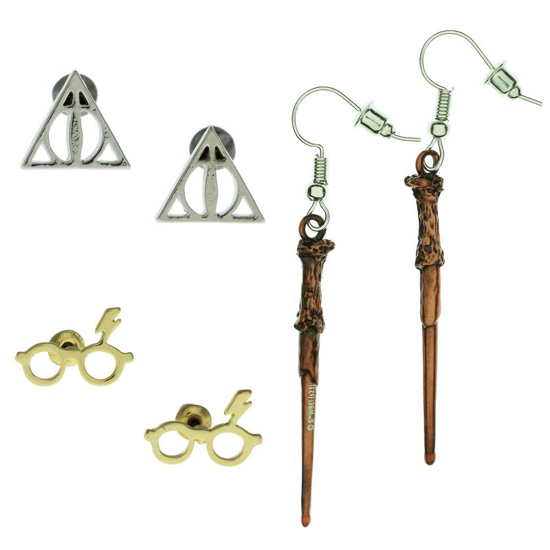 Harry Potter Earrings For Women 3 Pack Deathly Hallows, Lightning Scar, Harry Potter Wand, 1 of 6