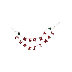 Storied Home Handmade Wool Felt Garland with Holly Leaves and Berries "Merry Christmas", Red and Green - 1 of 2