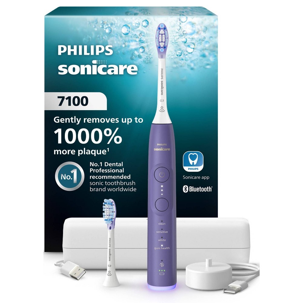 Philips Sonicare 7100 Rechargeable Electric Toothbrush - Purple: Medium Nylon Bristles, Includes 2 Brush Heads, Travel Case