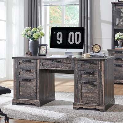 Farmhouse 60" Desk with Charging Station & Drawer, Wood Executive Desk with Keyboard Tray, Home Office Desk