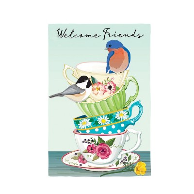 Evergreen Songbirds and Teacups Applique Garden Flag 12 x 18 Inches Indoor Outdoor Decor