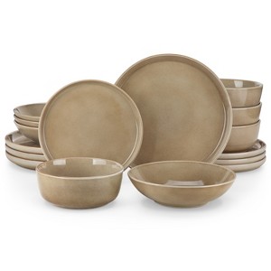 vancasso 16-Piece Brown Kiln-Glazed Curved Edge Set for 4 - Organic Style Plates, Bowls & Soup Cups - 1 of 4