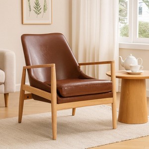 Homy Casa Mid-Century Modern Accent Chair with Faux Leather Upholstery and Solid Wood Frame, for Living Room or Study, Brown - 1 of 4