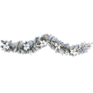 Nearly Natural 6-ft Flocked Poinsettia and Berry Artificial Christmas Garland with 50 Warm White LED Lights - 1 of 2