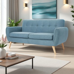 Fabric Mid-Century Modern Loveseat with Button-Tufted Waffle Stitch & Rubberwood Legs - 1 of 4