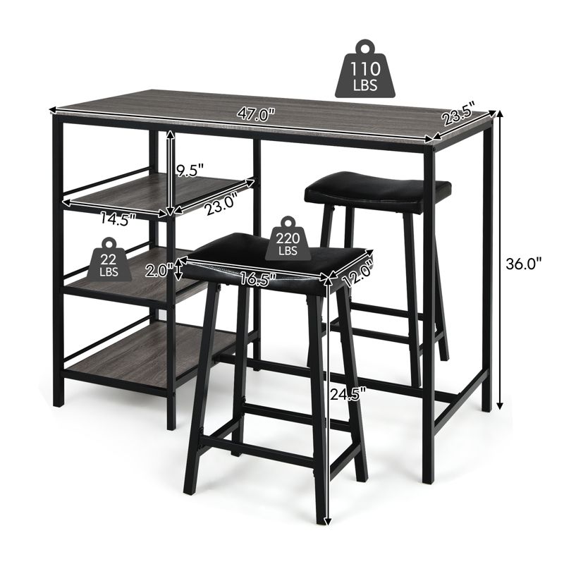 Tangkula 3PC Dining Table Set Pub Bar Table Set 3 Tier Storage Shelves with 2 Pub Stools Upholstered, 4 of 10