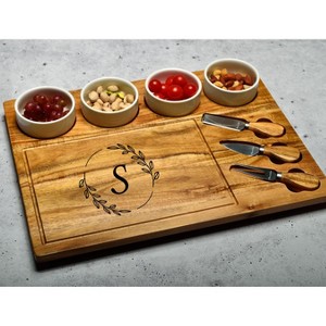 Picnic at Ascot - Large Personalized Monogrammed Premium Acacia Charcuterie Board Set with Ceramic Bowls & Cheese Knives - 17" x 13" - 1 of 4