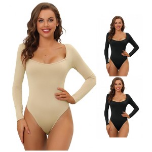 Allegra K Women's Long Sleeve Slim Fit Stretchy Square Neck Leotard Jumpsuit 3 Packs - 1 of 4
