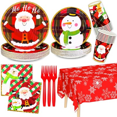 DYLIVeS Santa Claus and Snowman Christmas Party Supplies,Disposable Dinnerware, Xmas Party Decorations Paper Plates and Napkins Cups Forks Set