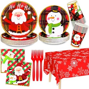 Hachikiko Santa Claus and Snowman Christmas Party Supplies,Disposable Dinnerware, Xmas Party Decorations Paper Plates and Napkins Cups Forks Set - 1 of 4
