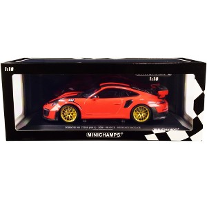 2018 Porsche 911 GT2RS Weissach Package Orange w/Carbon Stripes & Golden Wheels Ltd Ed 1/18 Diecast Model Car by Minichamps - 1 of 4