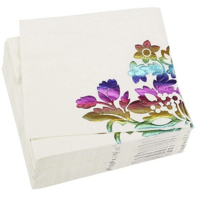 Blue Panda 50-Pack Rainbow Foil Floral Disposable Paper Napkins Party Supplies 6 x 6 In