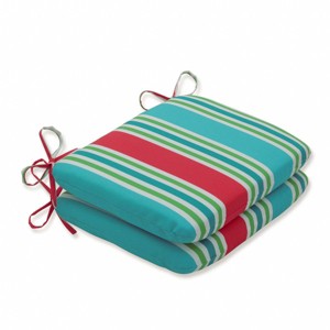 2pc Aruba Stripe Rounded Corners Outdoor Seat Cushions Turquoise/Coral - Pillow Perfect: Weather-Resistant, Fade-Resistant Patio Chair Cushions - 1 of 4