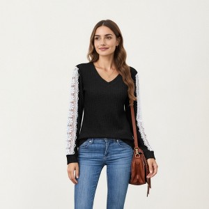 Anna-Kaci Women's Long Sleeve V-Neck Knit Top with Lace Trim Detailing on Sleeves - 1 of 4