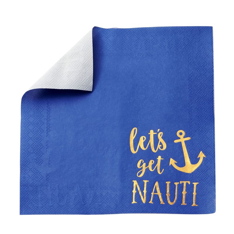 Blue Panda 50 Pack Nauti Bachelorette Disposable Napkins for Bridal Shower, Blue with Gold Foil Accents, 5x5 In, 3 of 6