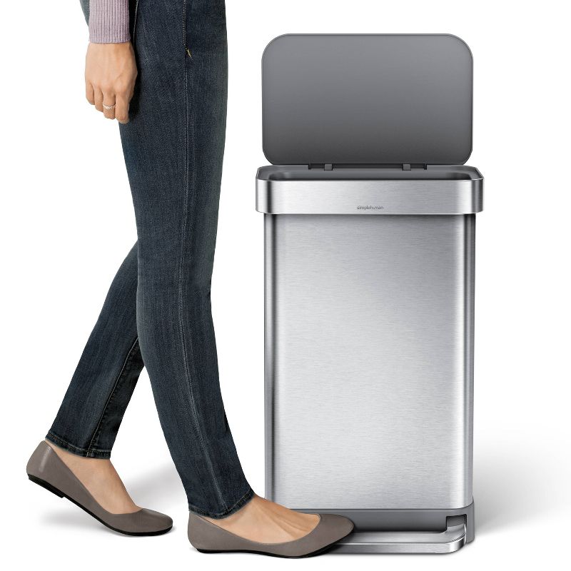 simplehuman 45L Rectangular Step Trash Can with Liner Pocket Brushed Stainless Steel and Gray Plastic Lid, 2 of 8