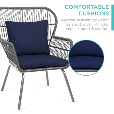 Gray and Navy Wicker 3-Piece Patio Bistro Set with Cushions and Glass Top Table