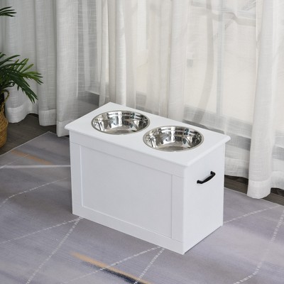 White Elevated Pet Feeding Station with Stainless Steel Bowls