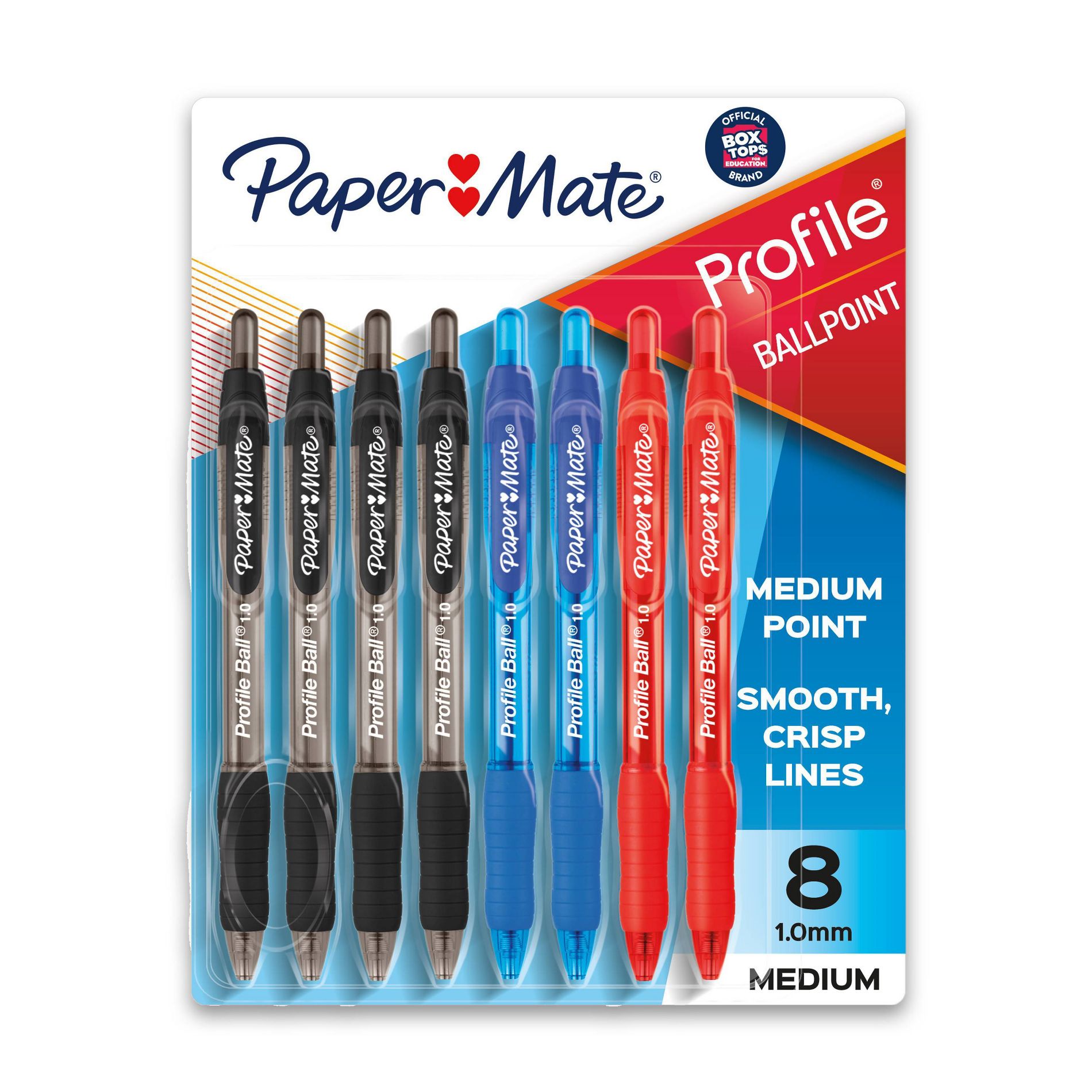 Paper Mate Profile 8pk Ballpoint Pens 1.0mm Medium Tip Multicolored: Retractable, Contoured Grip, Assorted Ink Colors