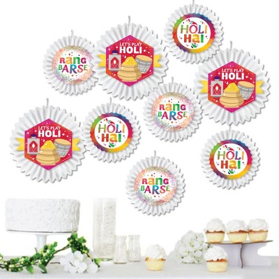 Big Dot of Happiness Holi Hai - Hanging Festival of Colors Party Tissue Decoration Kit - Paper Fans - Set of 9