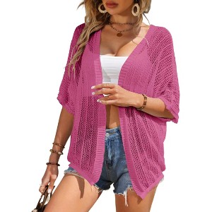 Womens Short Sleeve Cardigan Beach Cover Up Hollow-Out Sweater Cardigan Batswing Sleeve Cover Up Lightweight Cardigan - 1 of 4