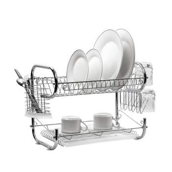 J&V TEXTILES Dish Drying Rack, Stainless Steel 2-Tier with Utensil Holder, Cutting Board Holder and Dish Drainer for Kitchen Counter