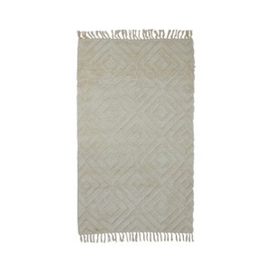 Storied Home Cotton Tufted Rug with Diamond Pattern and Fringe, Cream - 1 of 4