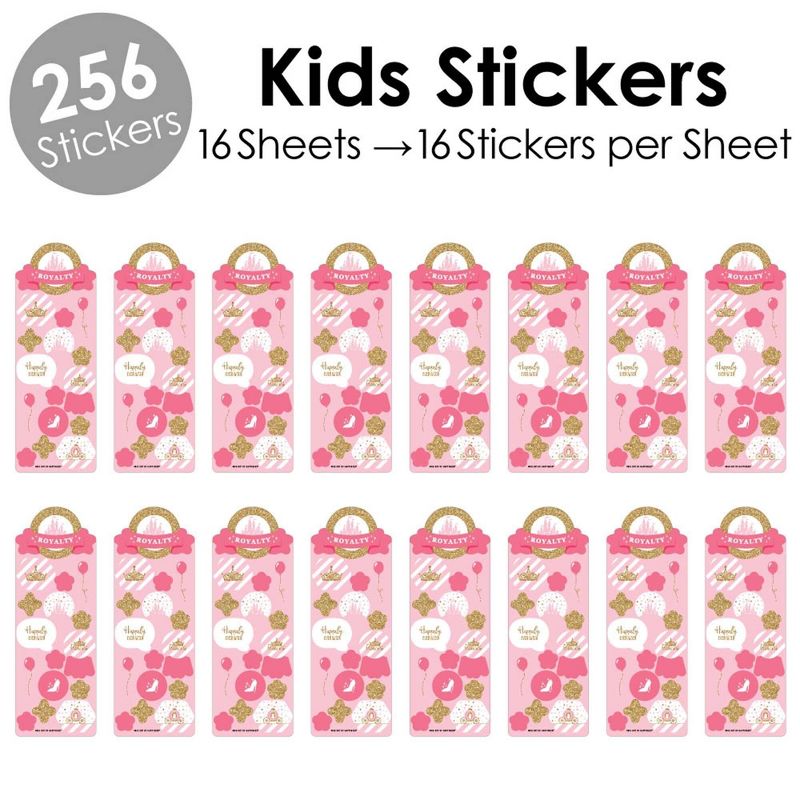 Big Dot of Happiness Little Princess Crown - Pink and Gold Princess Birthday Party Favor Kids Stickers - 16 Sheets - 256 Stickers, 2 of 8