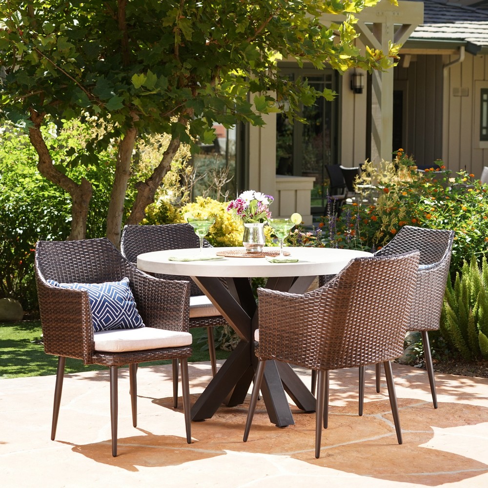 Nyla 5pc Wicker and Concrete Dining Set - Brown - Christopher Knight Home