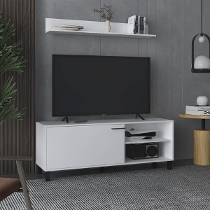 55.1" FSC Certified Engineered TV Stand Wood Set with Wall Shelf, 1 Door, and 3 Shelves for Living Room and Bedroom - 1 of 4