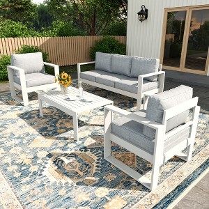 LayinSun 4 Pieces Aluminum Outdoor Patio Furniture Set, Metal Modern Conversation Sofa Set with Coffee Table and Washable Thick Cushions - 1 of 4