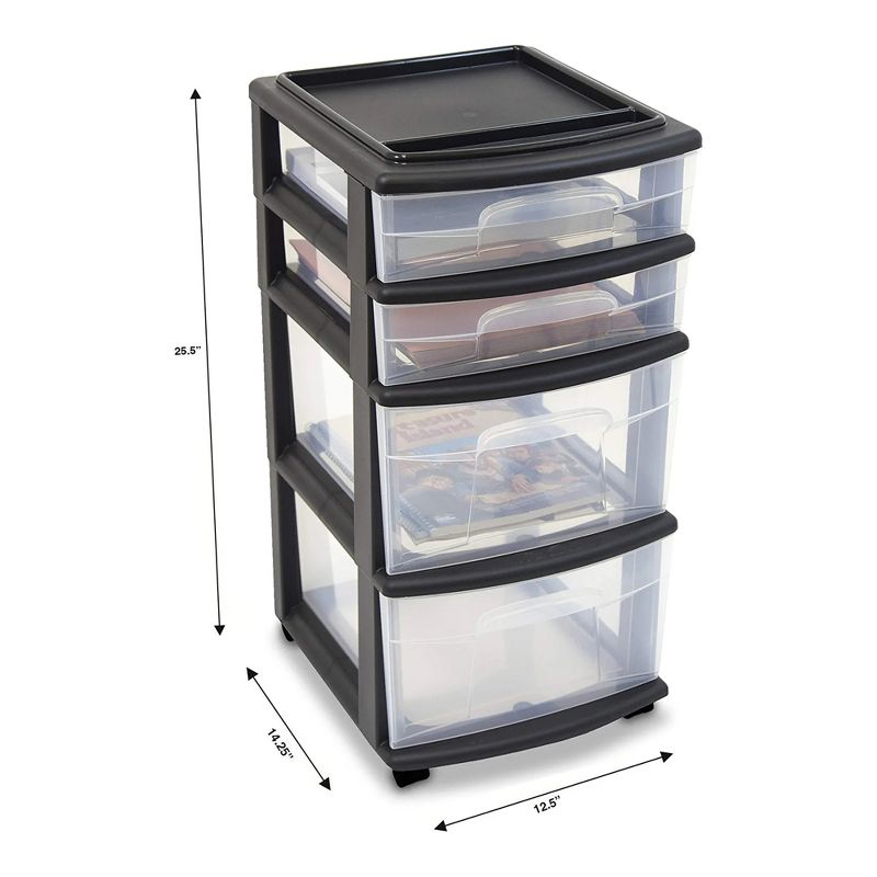 Homz Plastic 4 Clear Drawer Medium Home Organization Storage Container Tower with 2 Large Drawers and 2 Small Drawers, Black Frame (2 Pack), 5 of 7